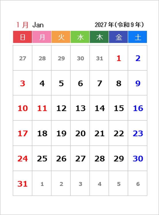 2027年1月のシール用カレンダー(テンプレート1)。80×105mmのシール全体に日曜始まりの表型カレンダーを配置し、土曜は青、日曜と祝日は赤で表示